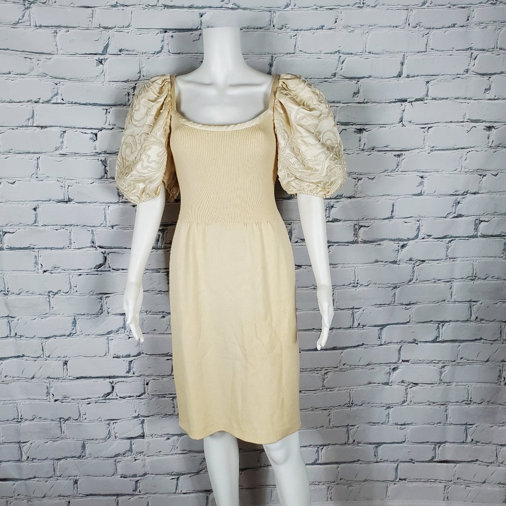 St. John Vintage Cream Knit Puff Sleeve Dress